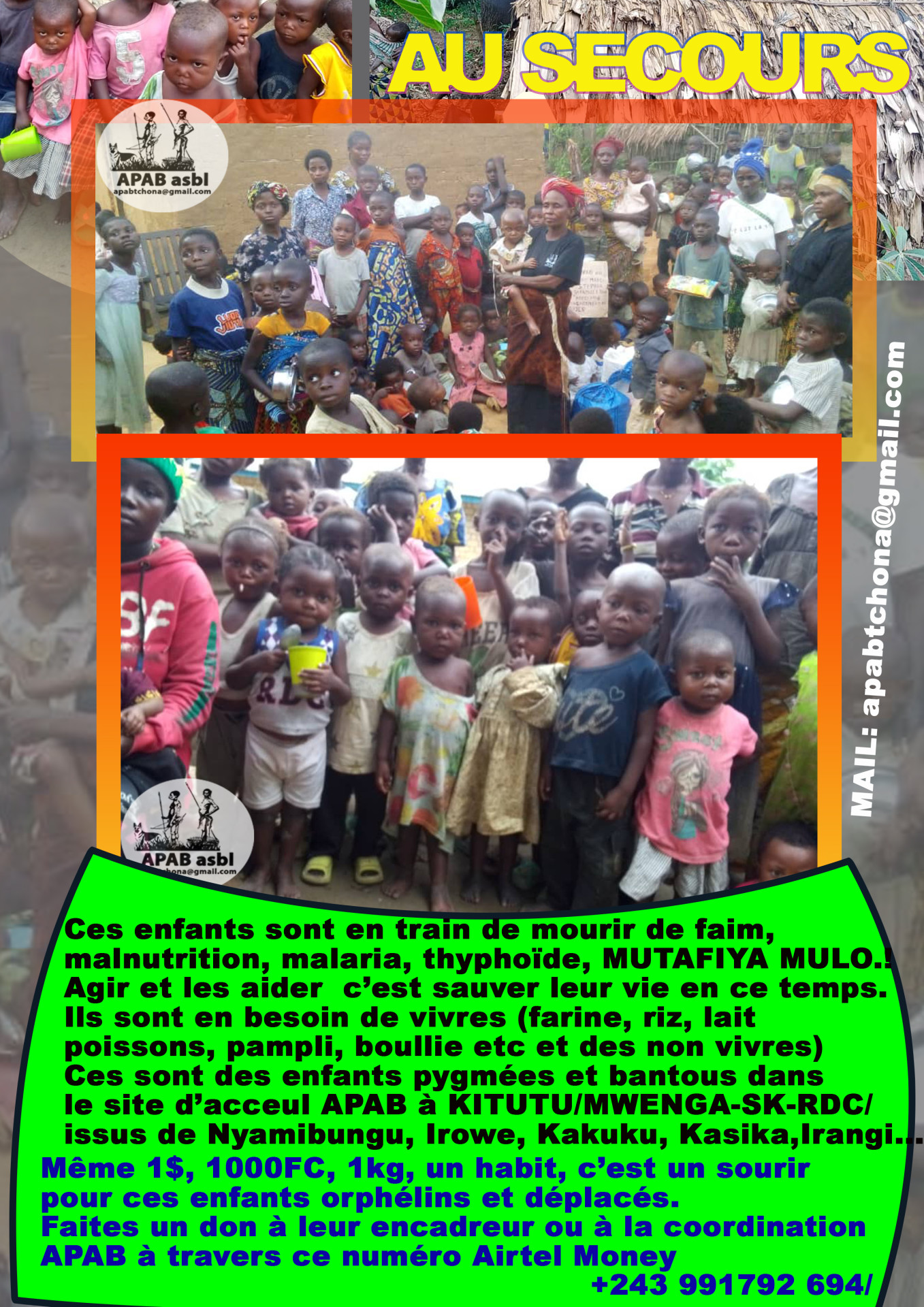 Depuis 2014; APAB s'est lancé dans une activité charismatique d'aide aux enfants orphelins, accueil des enfants déplacés issus de différents villages où il y des affrontements armés dans la province du Sud-Kivu. Actuellement suite à la conjoncture actuell